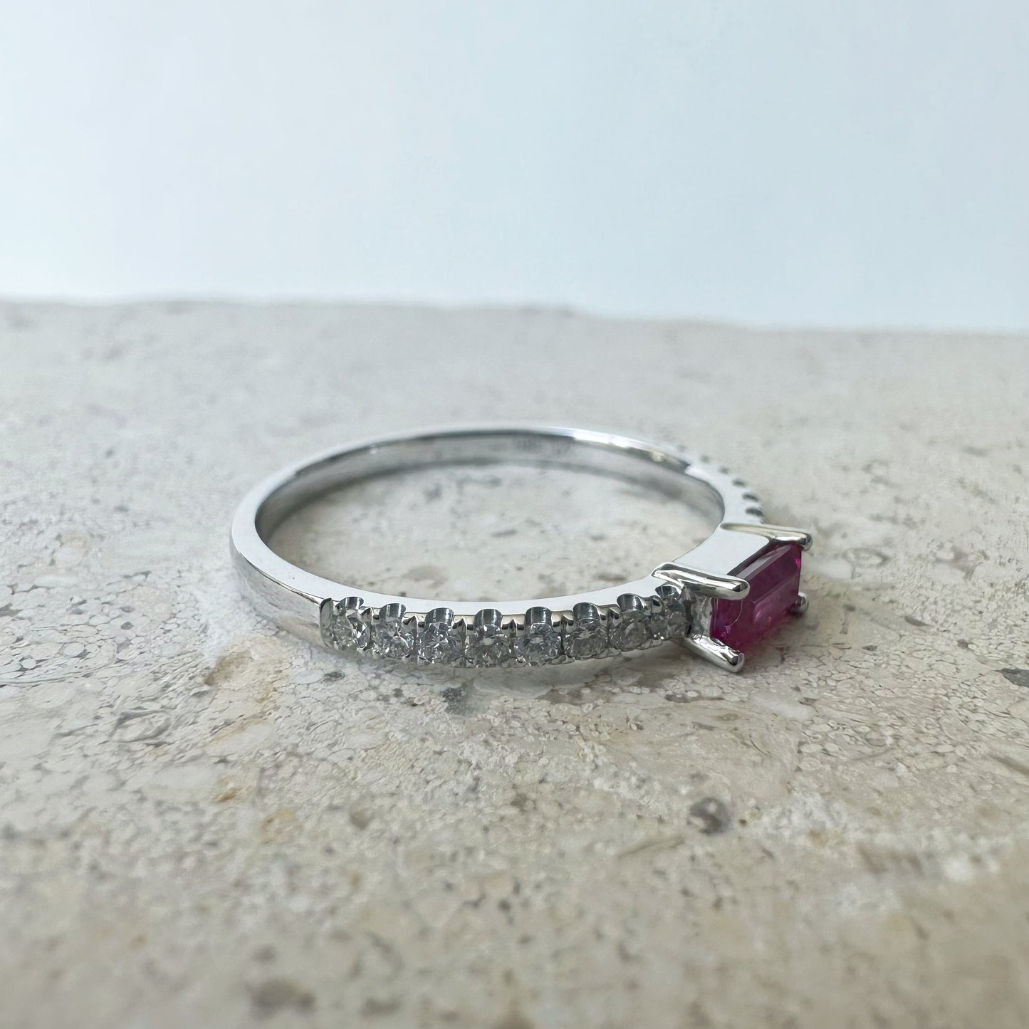 14K Solid Gold Genuine Baguette Ruby and Diamond Ring