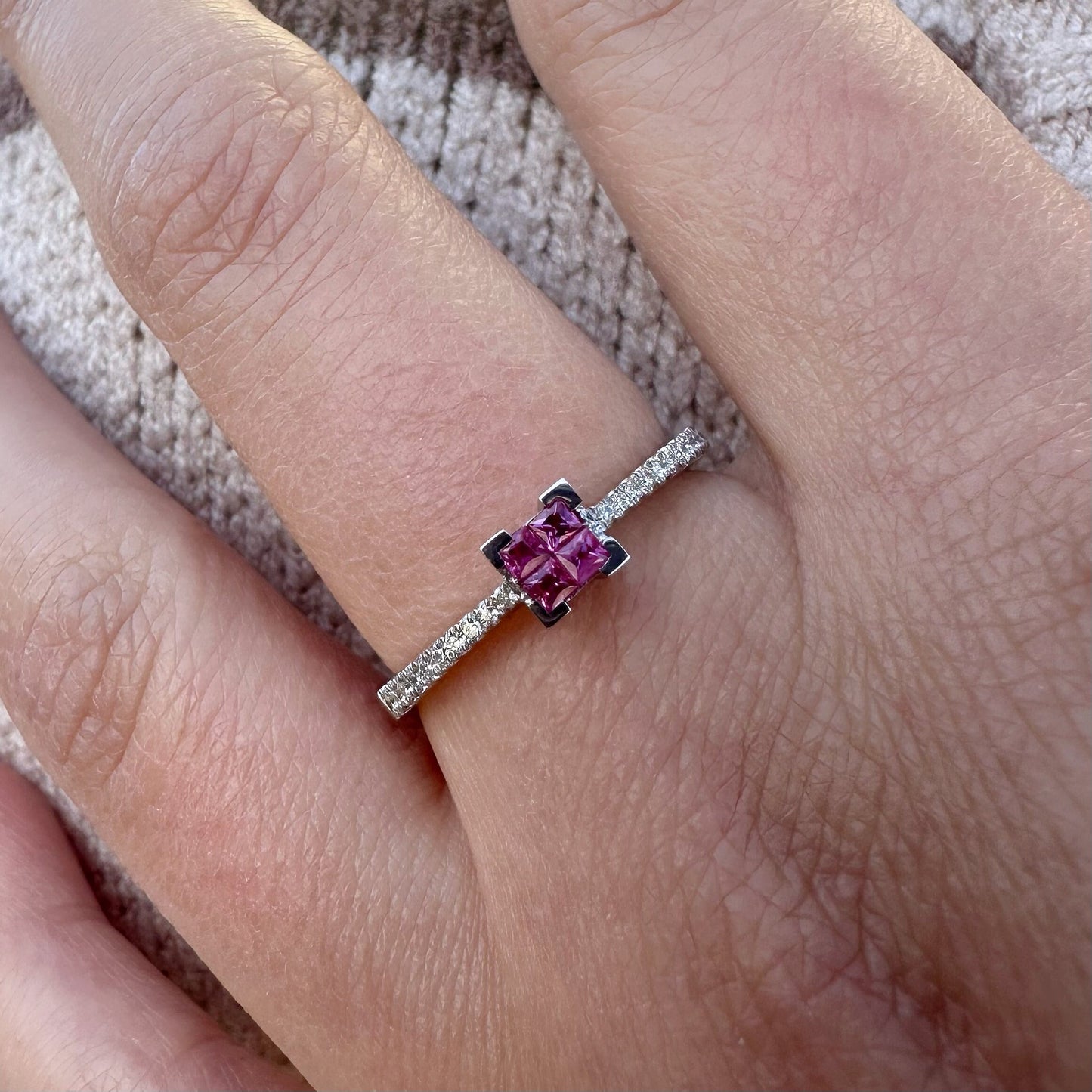 14K Solid White Gold Genuine Ruby Square Ring