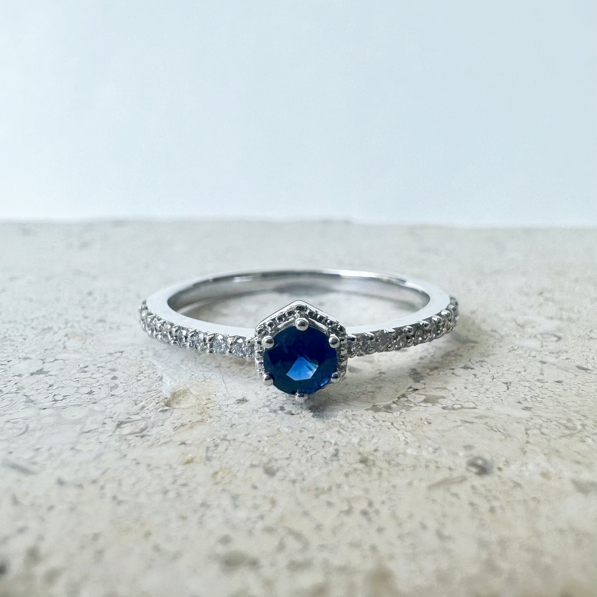 14K Solid White Gold Genuine Sapphire and Diamond Ring