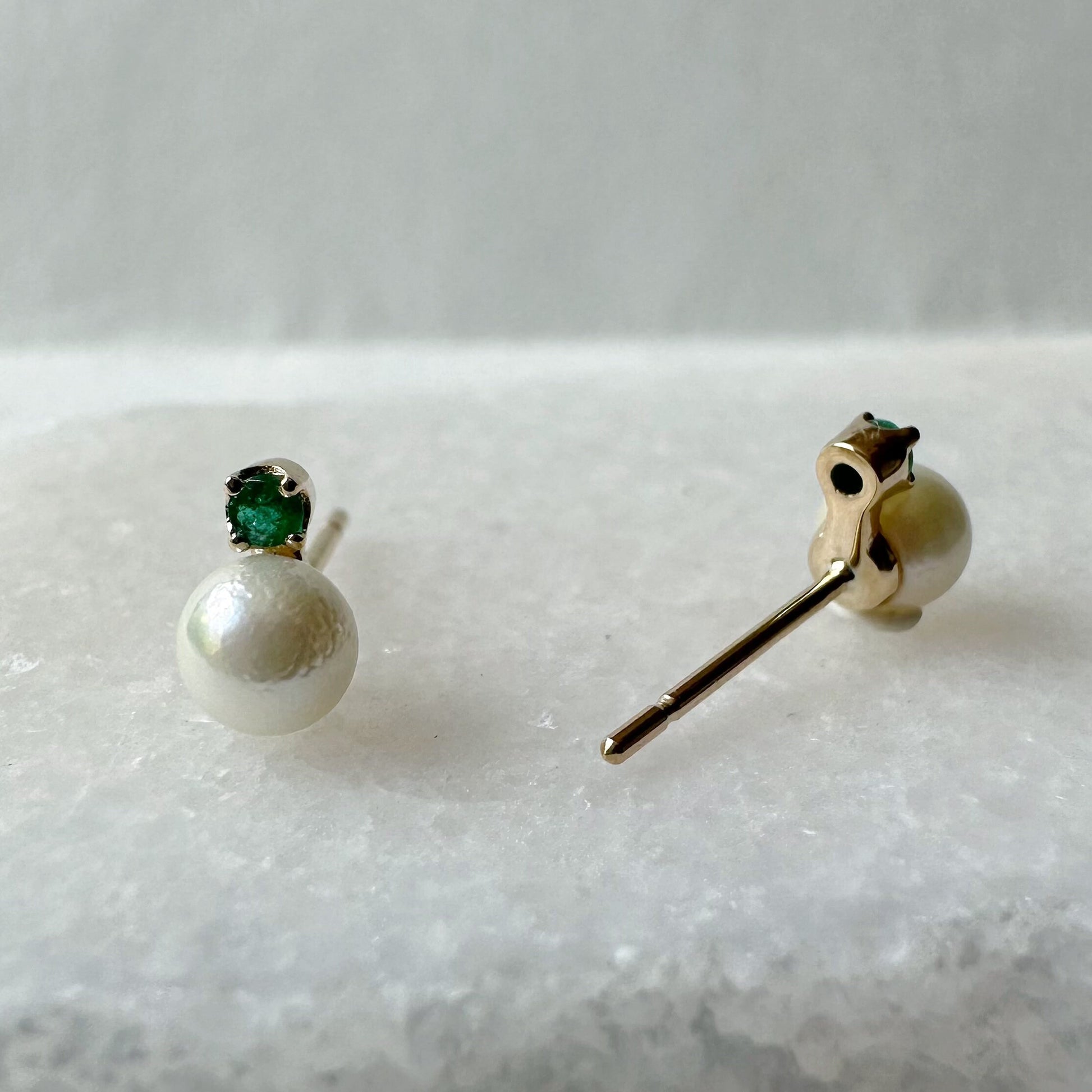 14K Solid Gold Genuine Akoya Pearl and Emerald Studs/Pair