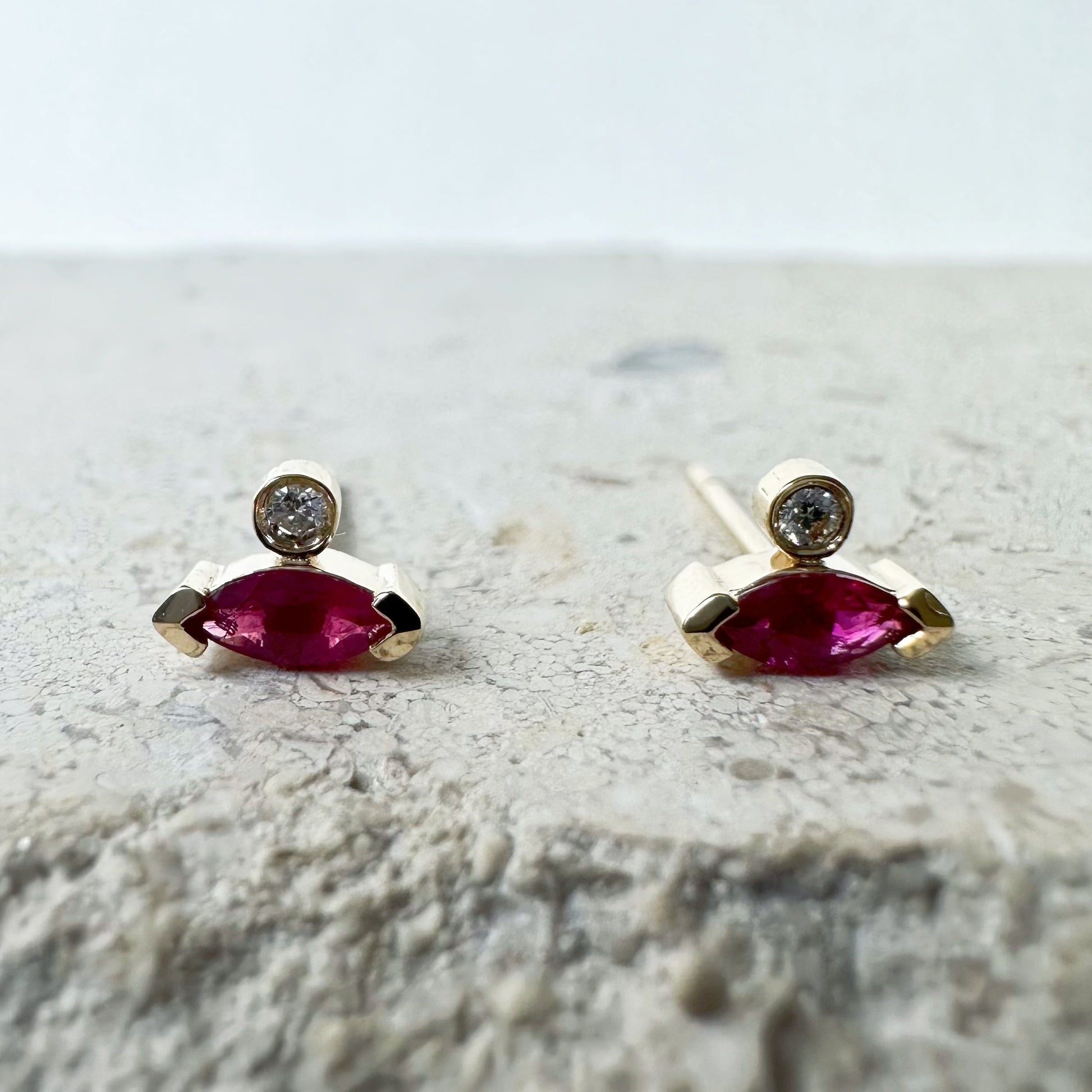 14K Solid Gold Genuine Marquise Ruby and Diamond Stacked Studs/Pair