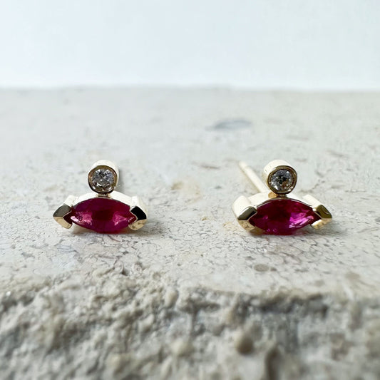 14K Solid Gold Genuine Marquise Ruby and Diamond Stacked Studs/Pair