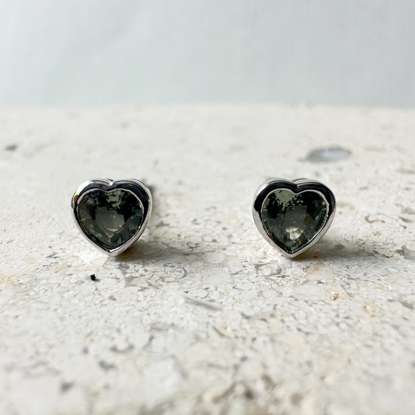 14K Solid Gold Genuine Green Sapphire Heart Studs/Pair