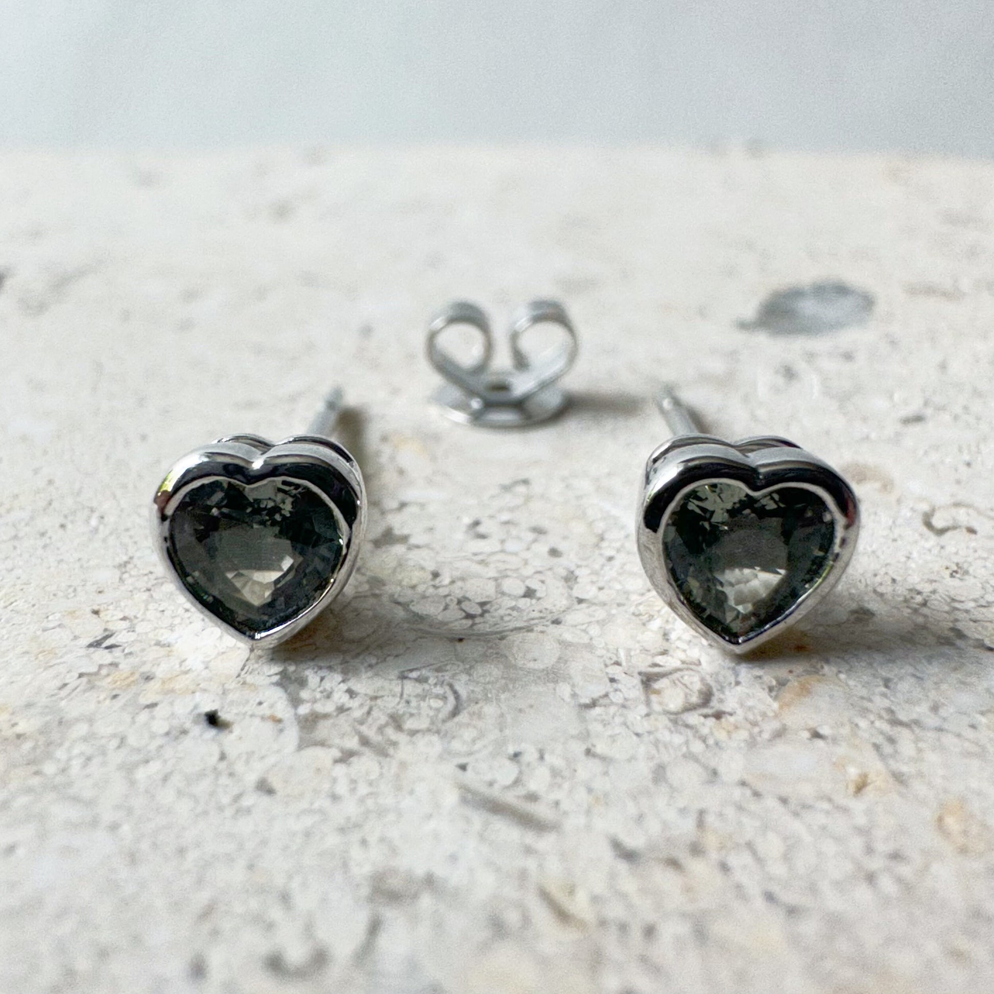 14K Solid Gold Genuine Green Sapphire Heart Studs/Pair