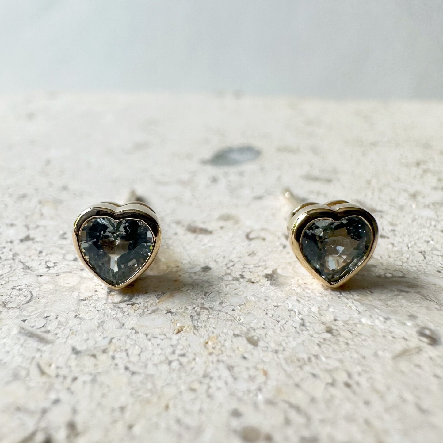 14K Solid Gold Genuine Green Sapphire Heart Studs/Pair