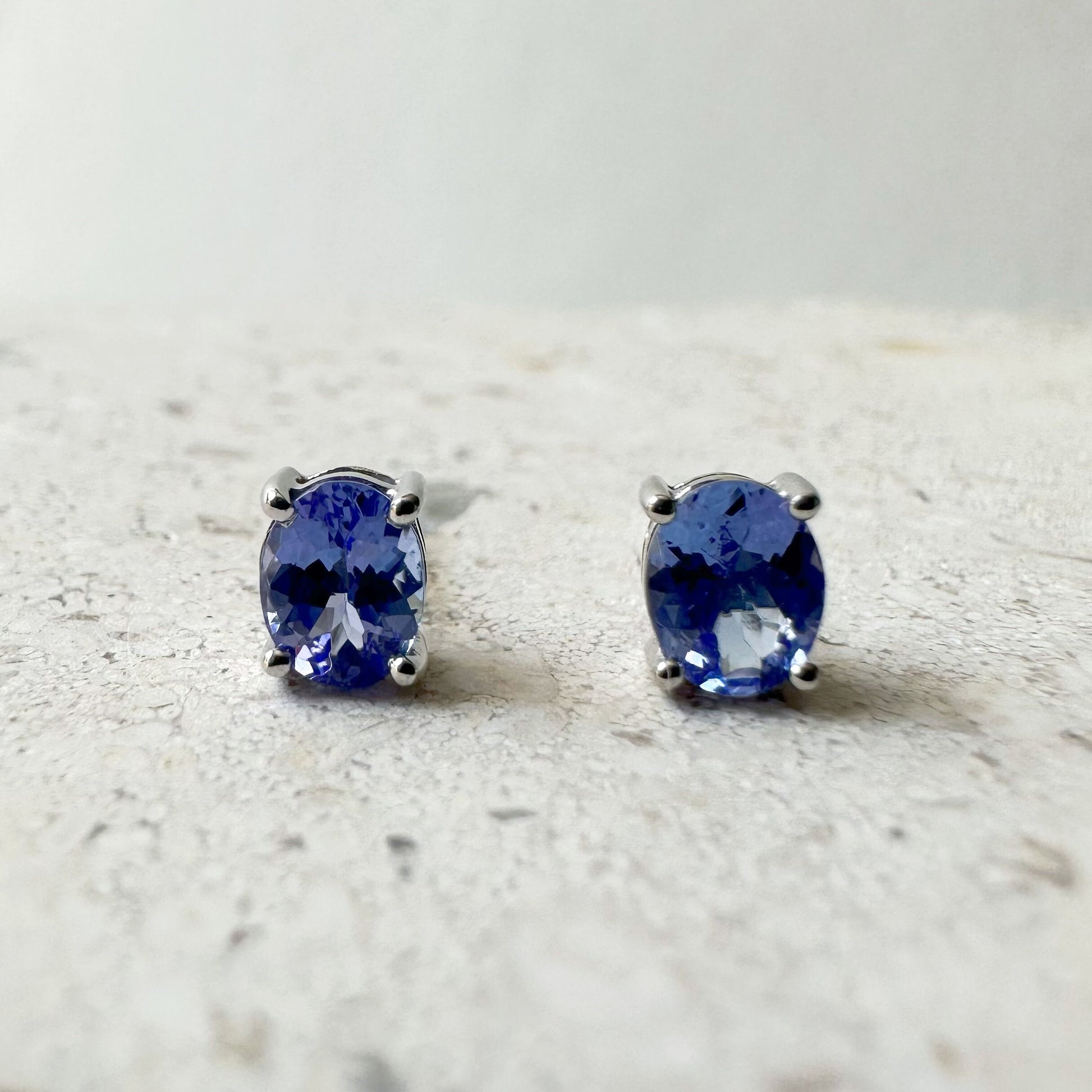 14K Solid Gold Genuine Tanzanite Oval Studs/Pair