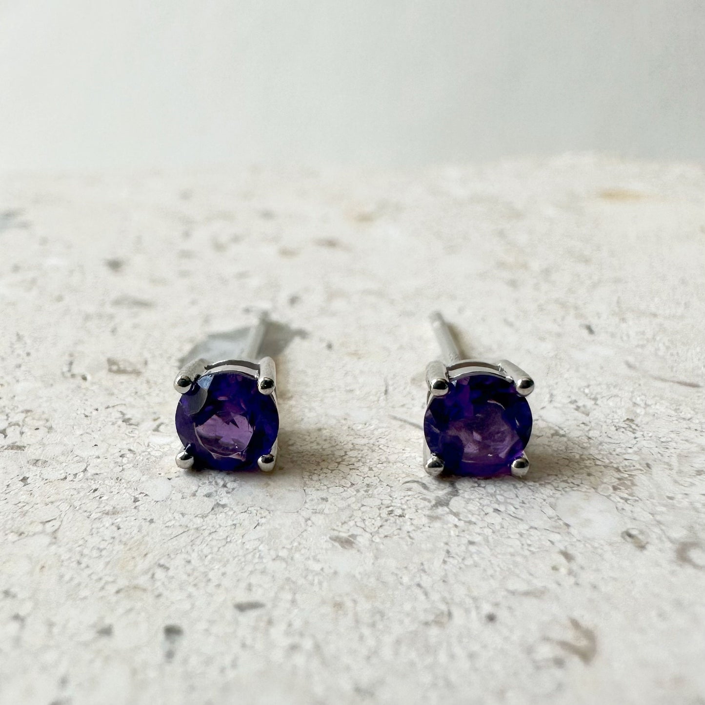 14K Solid Gold Genuine 4mm Amethyst Round Studs/Pair