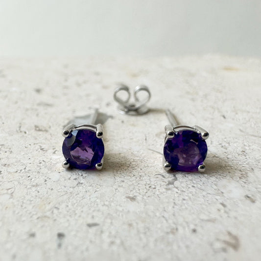 14K Solid Gold Genuine 4mm Amethyst Round Studs/Pair