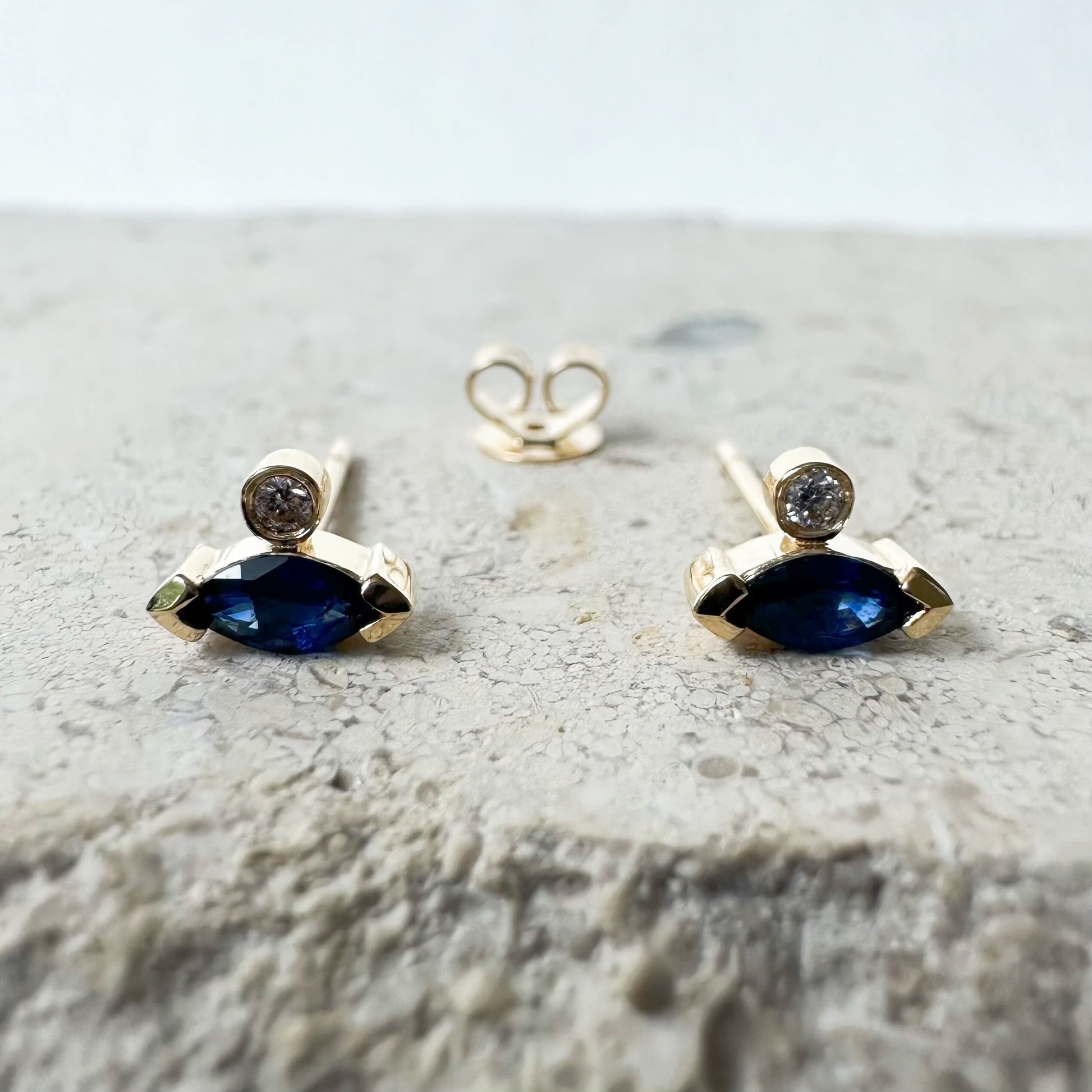 14K Solid Gold Genuine Marquise Sapphire and Diamond Stacked Studs/Pair