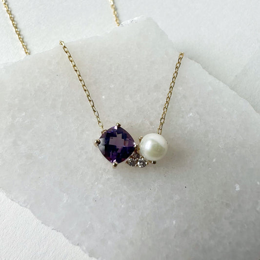 14K Solid Gold Genuine Amethyst, Pearl, and Diamond Necklace