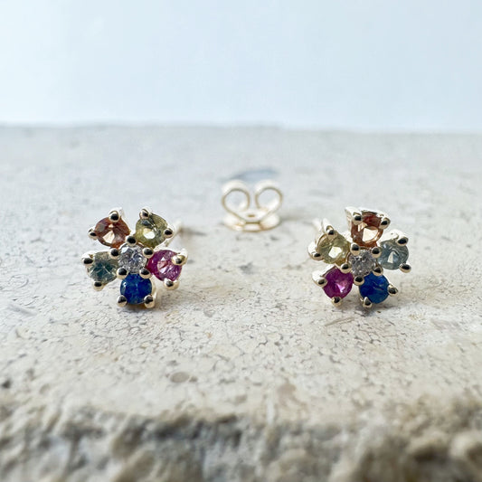 14K Solid Gold Genuine Rainbow Sapphire and Diamond Flower Studs/Pair