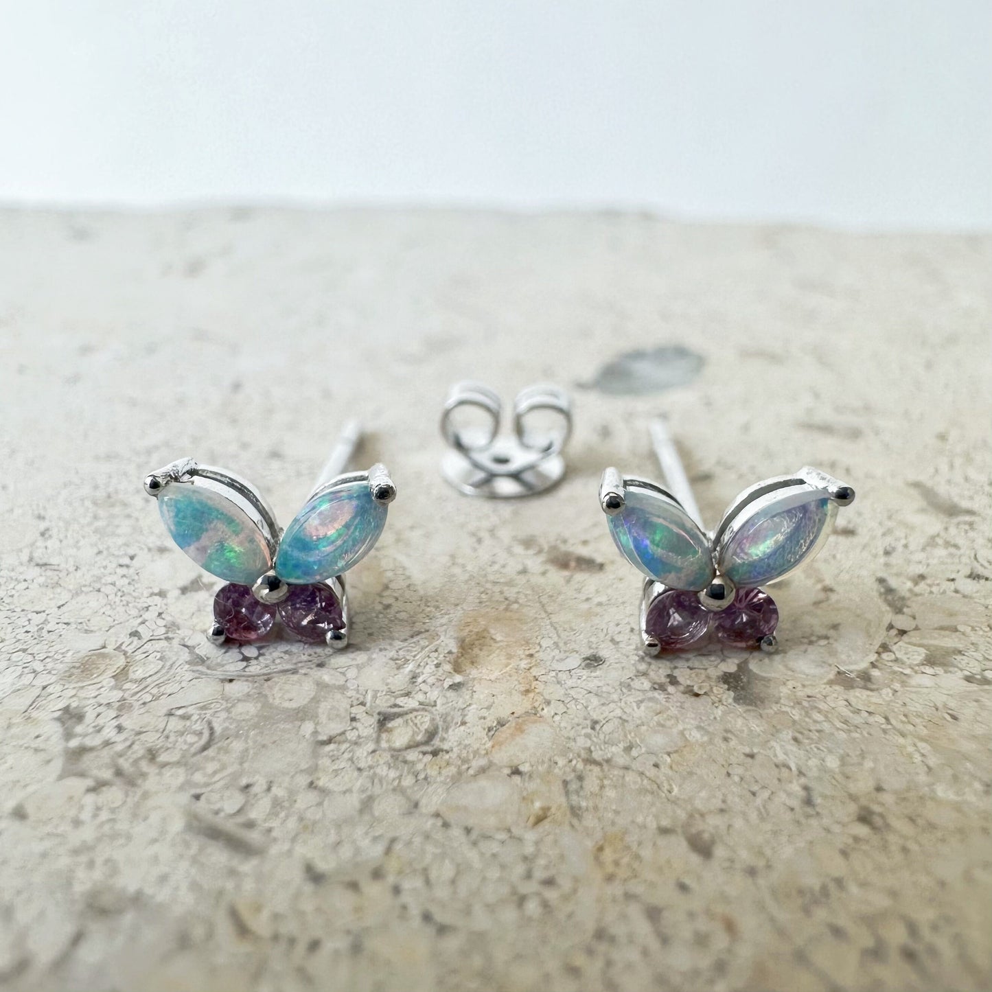 14K Solid Gold Genuine Opal and Pink Sapphire Butterfly Studs/Pair