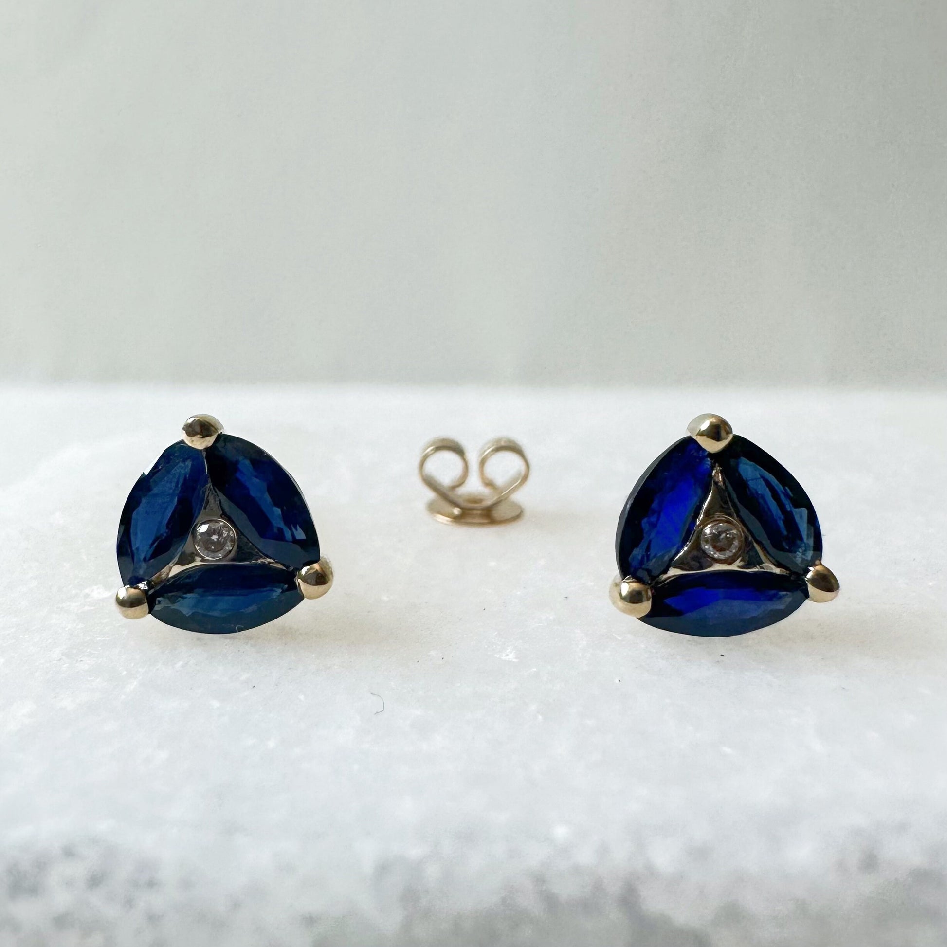 14K Solid Gold Genuine Marquise Sapphire and Diamond Triangle Studs/Pair