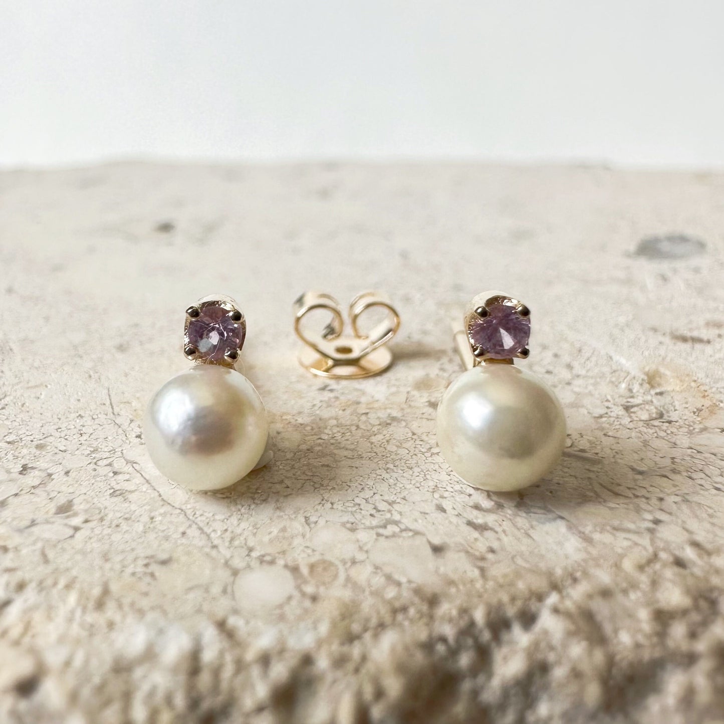 14K Solid Gold Genuine Akoya Pearl and Pink Sapphire Studs/Pair