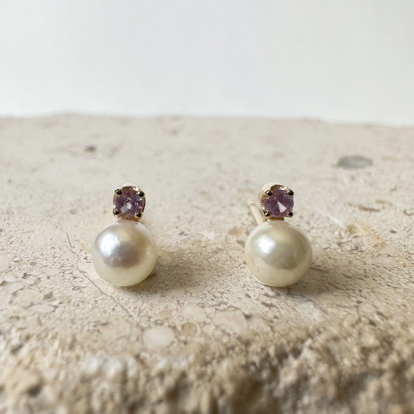 14K Solid Gold Genuine Akoya Pearl and Pink Sapphire Studs/Pair