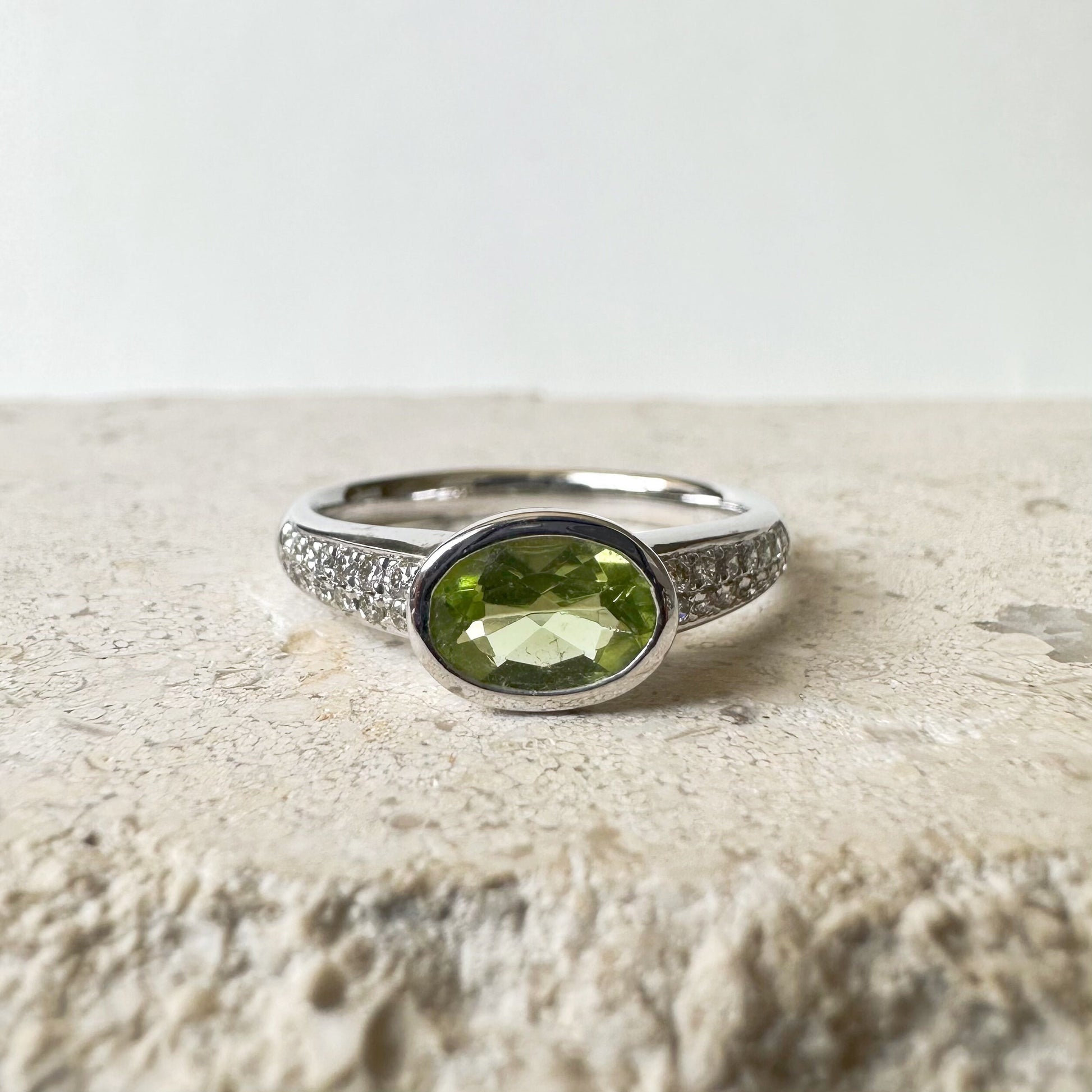 14K Solid White Gold Genuine Diamond and Peridot Ring