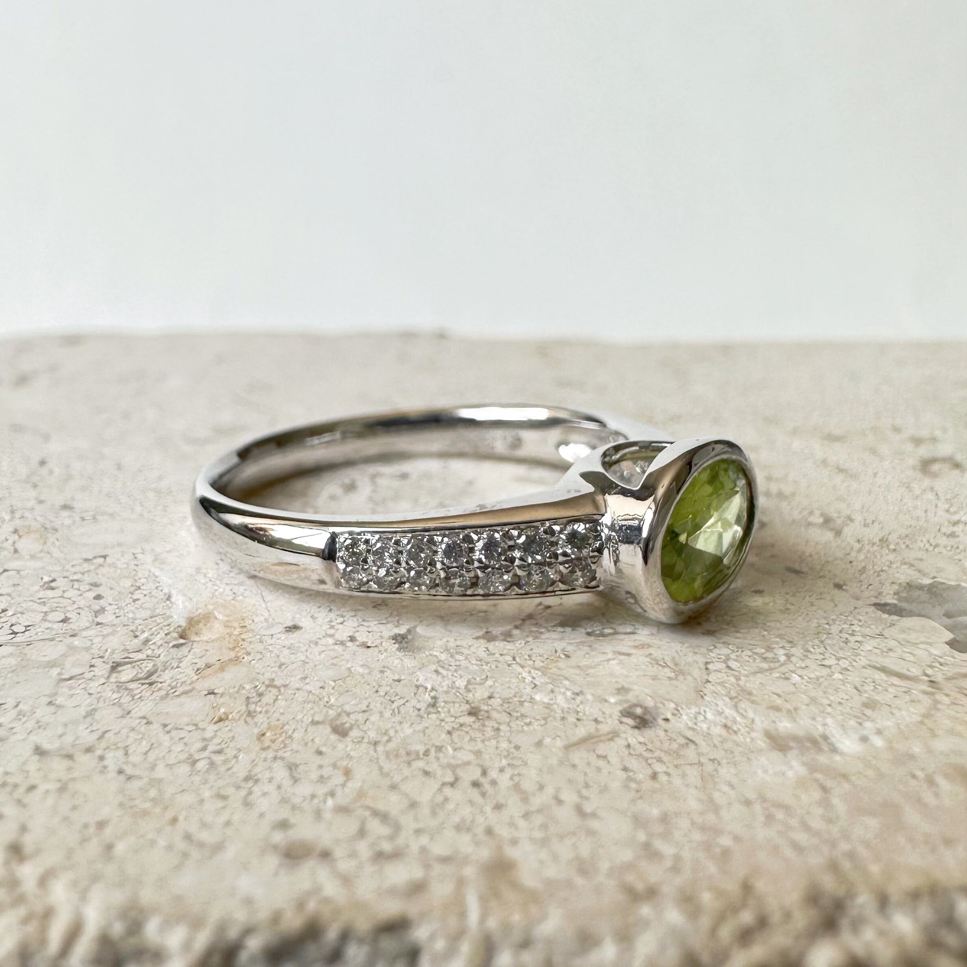 14K Solid White Gold Genuine Diamond and Peridot Ring