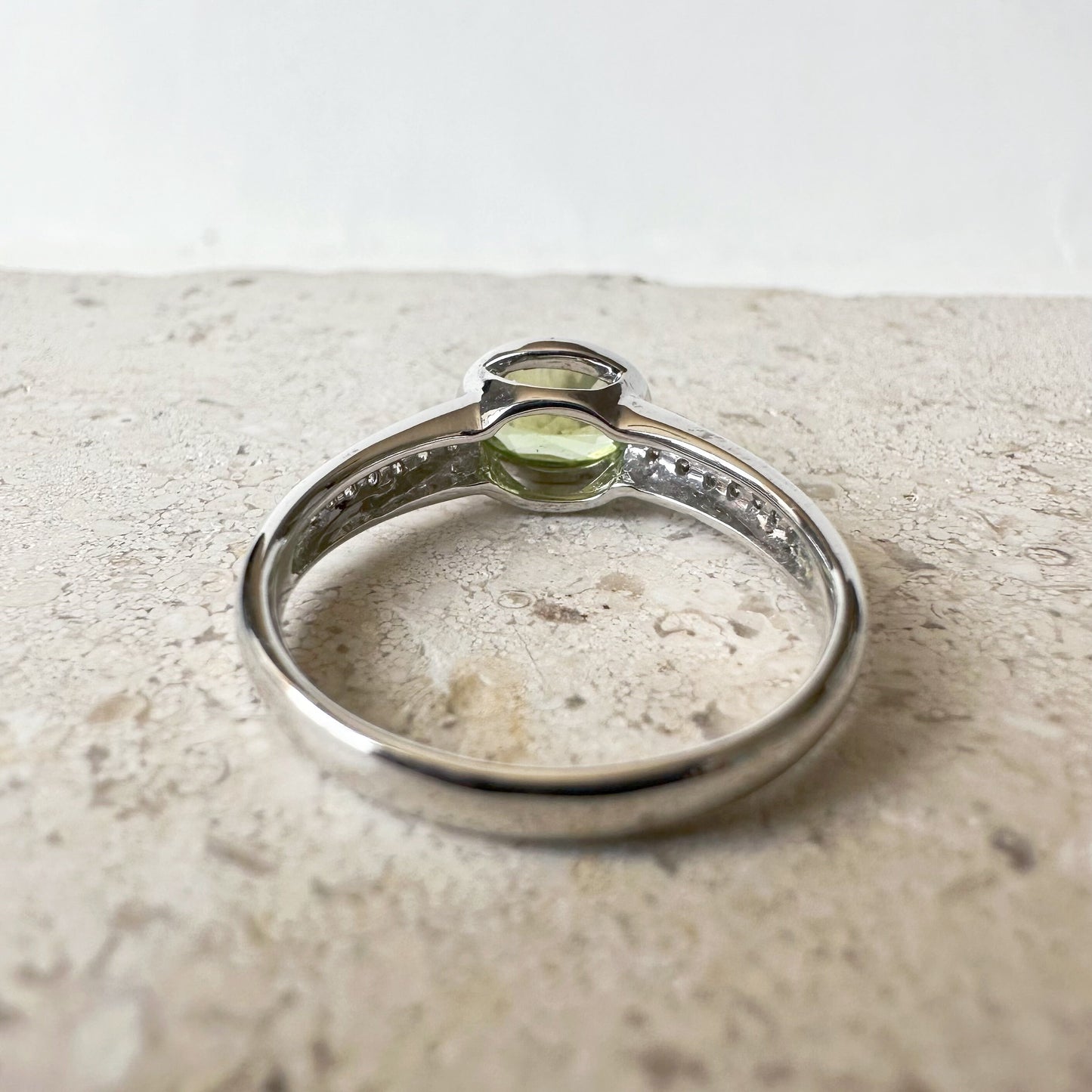 14K Solid White Gold Genuine Diamond and Peridot Ring