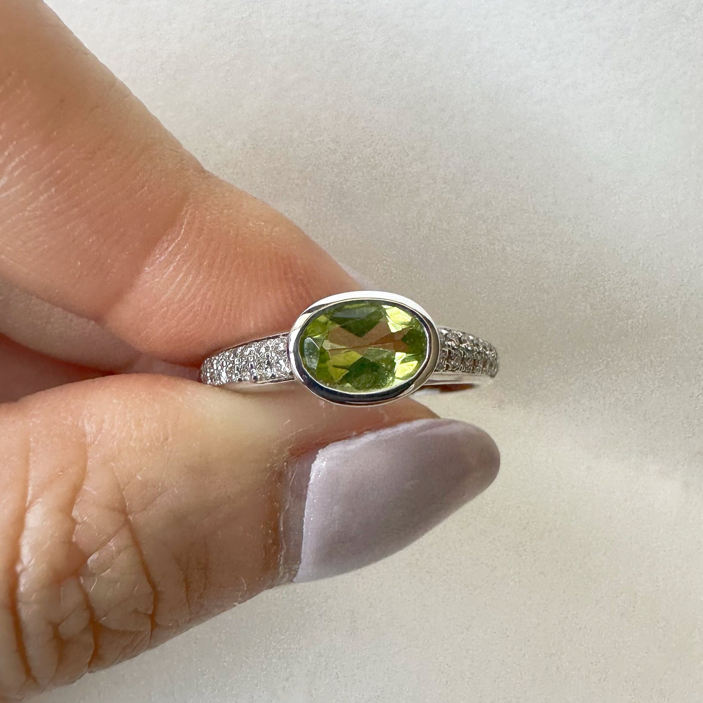 14K Solid White Gold Genuine Diamond and Peridot Ring