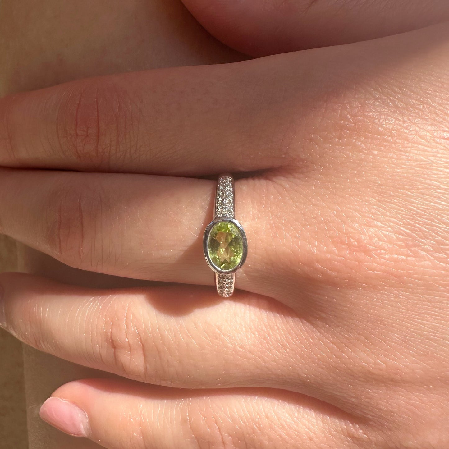 14K Solid White Gold Genuine Diamond and Peridot Ring