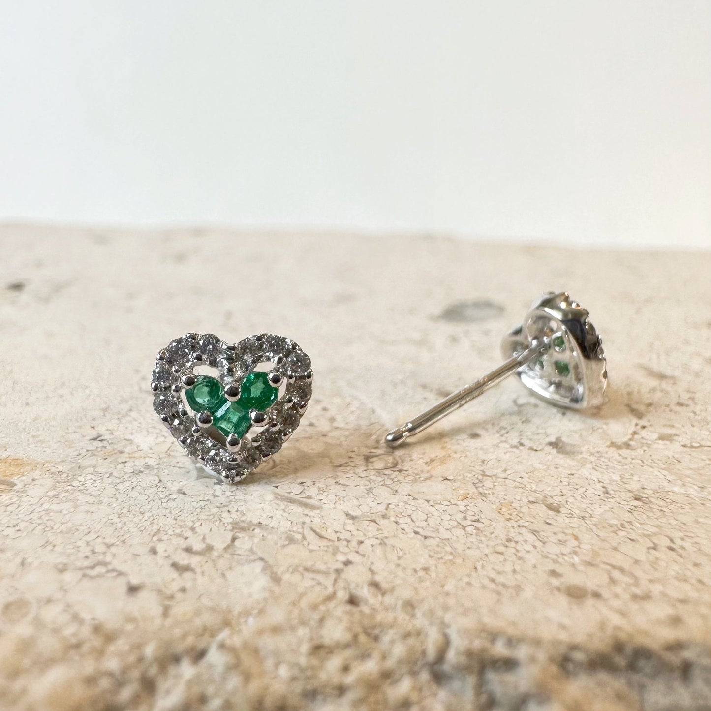 18K Solid White Gold Genuine Emerald and Diamond Heart Studs/Pair