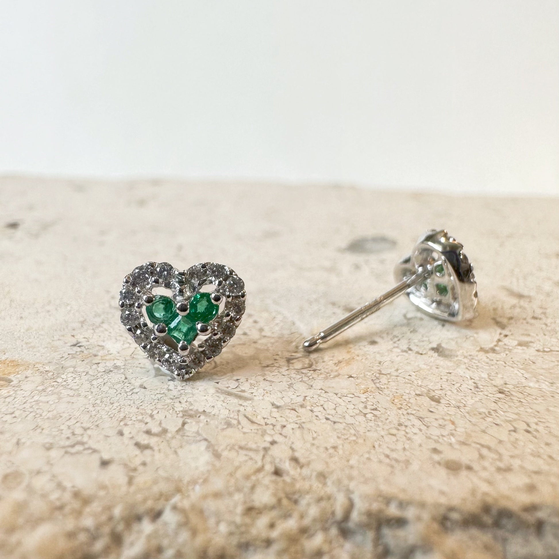 18K Solid White Gold Genuine Emerald and Diamond Heart Studs/Pair