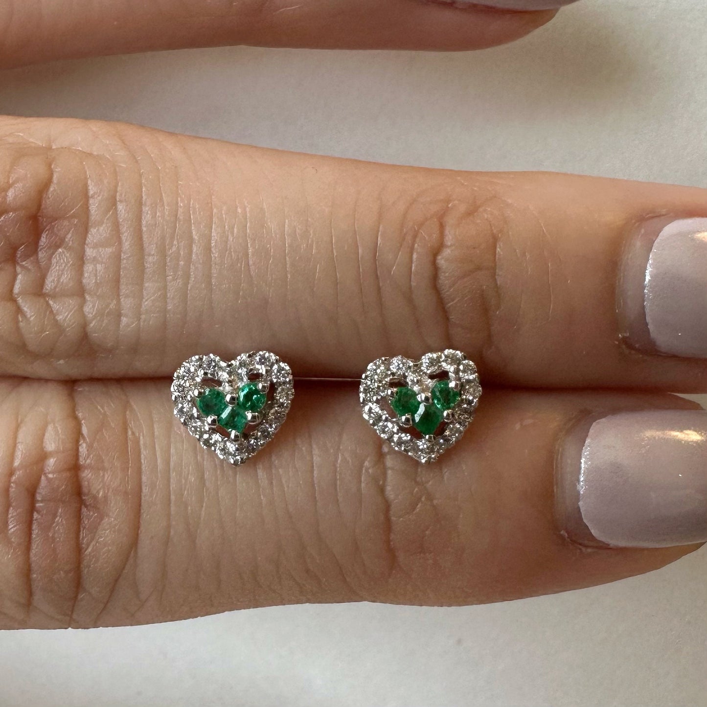18K Solid White Gold Genuine Emerald and Diamond Heart Studs/Pair