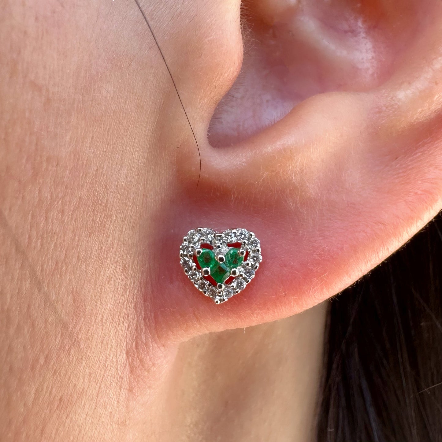 18K Solid White Gold Genuine Emerald and Diamond Heart Studs/Pair