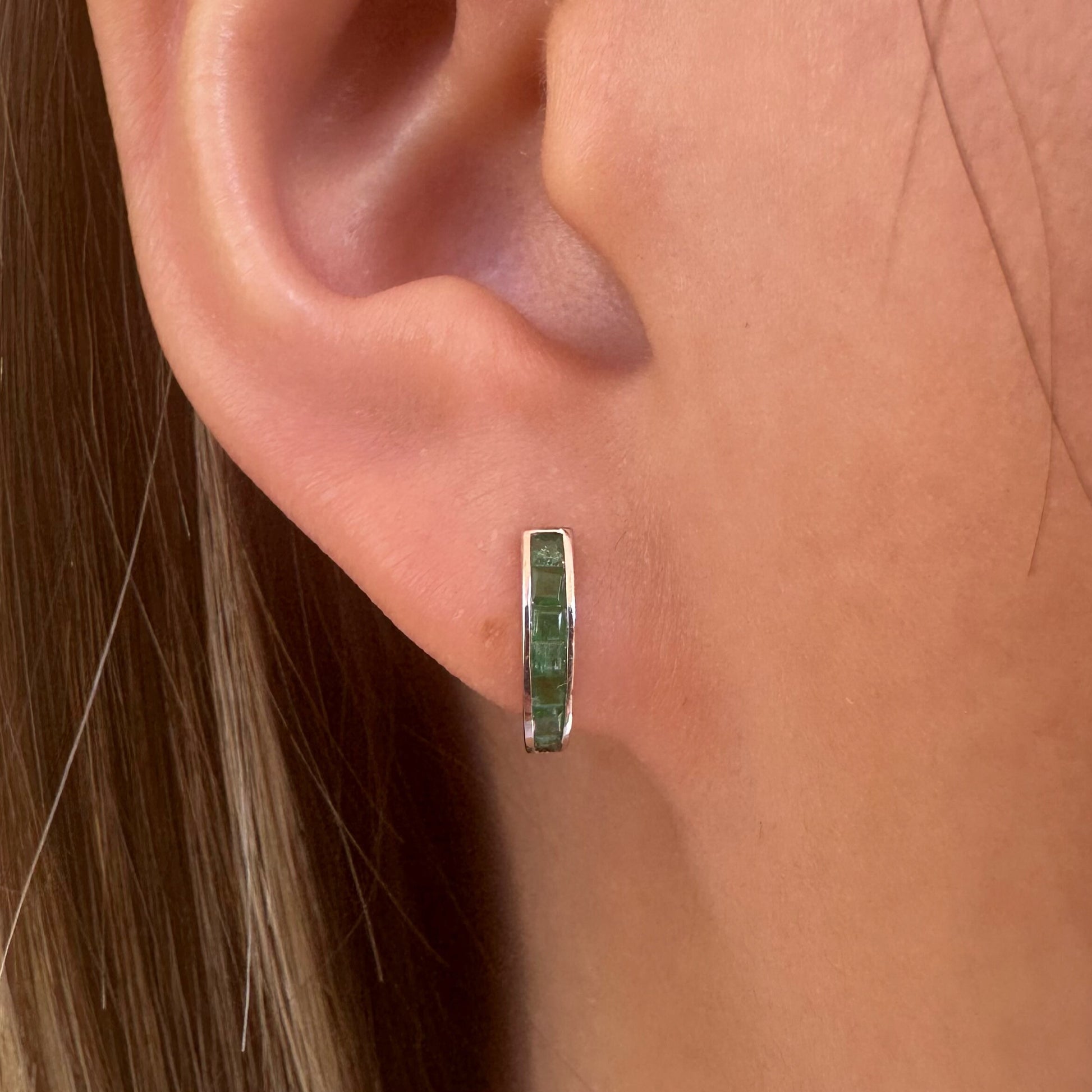 14K Solid White Gold Emerald Huggie Earrings/Pair