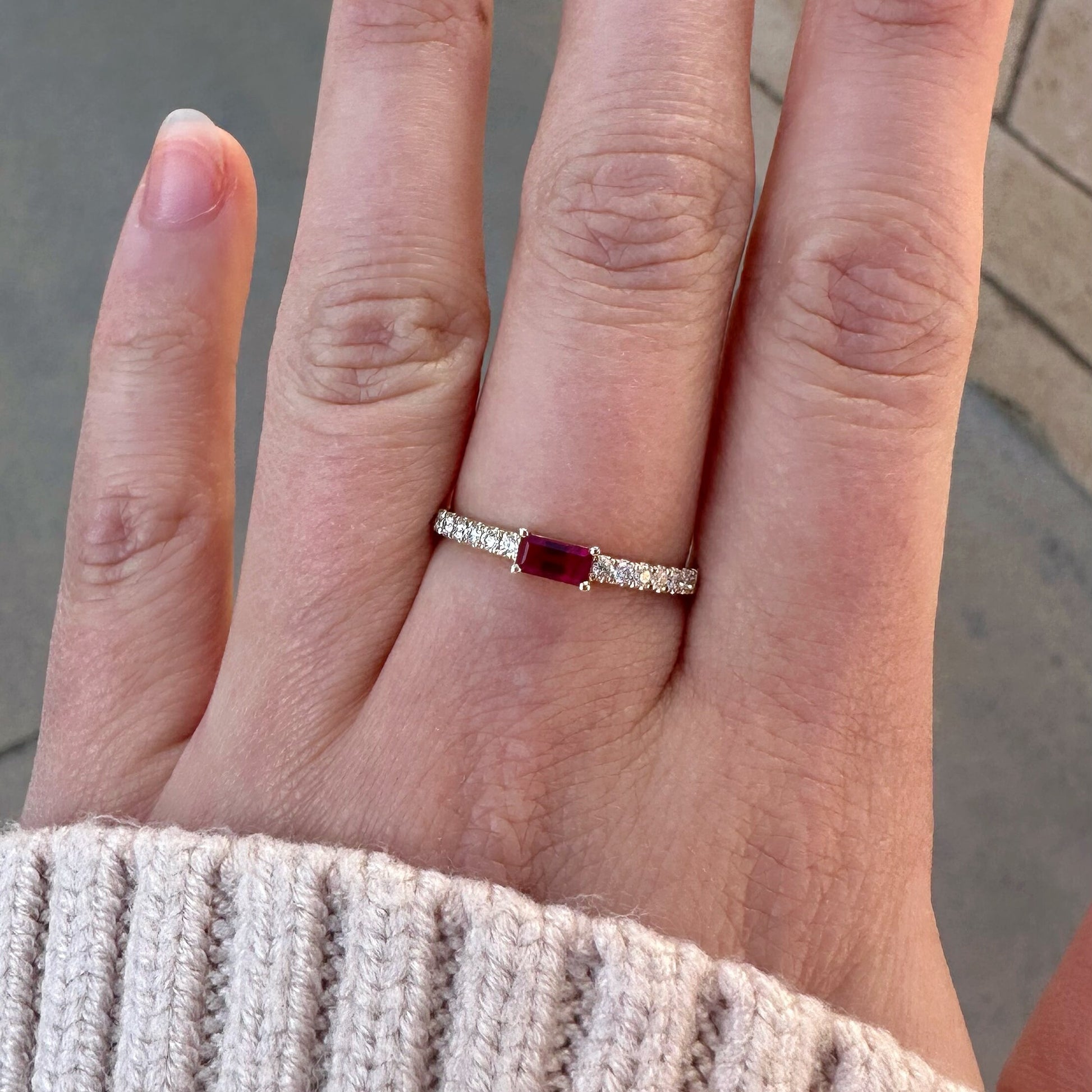 14K Solid Gold Genuine Baguette Ruby and Diamond Ring