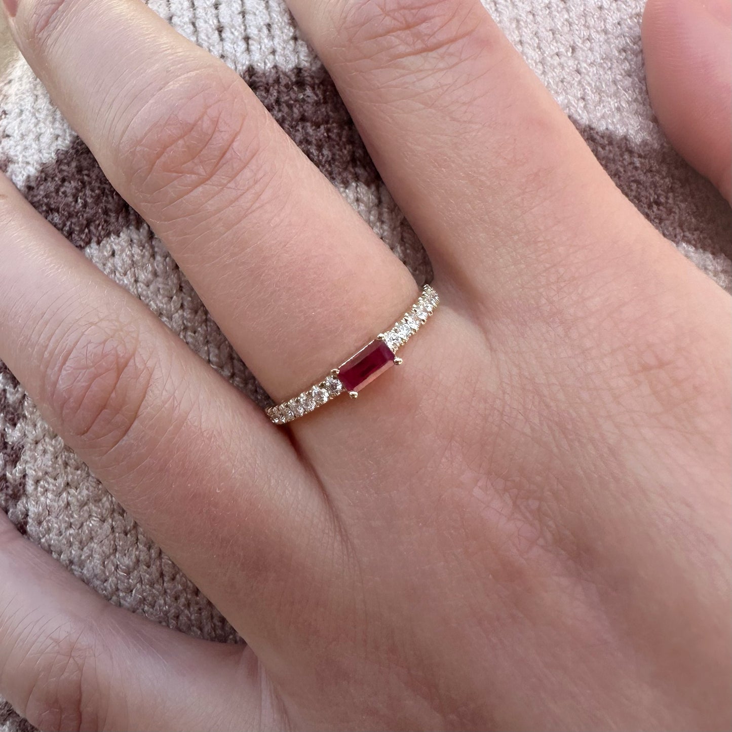 14K Solid Gold Genuine Baguette Ruby and Diamond Ring