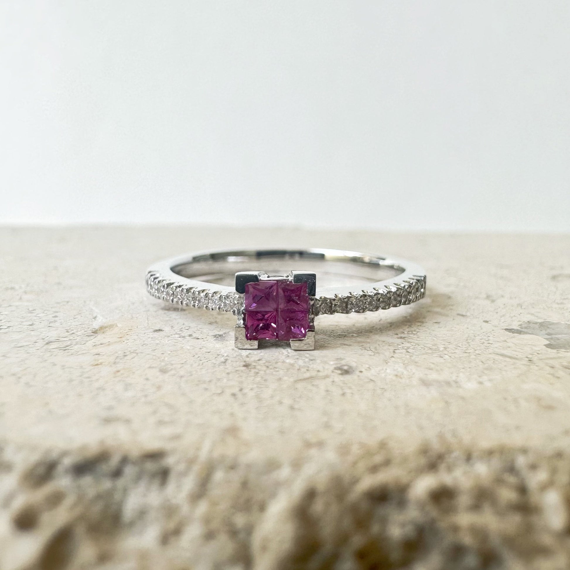 14K Solid White Gold Genuine Ruby Square Ring