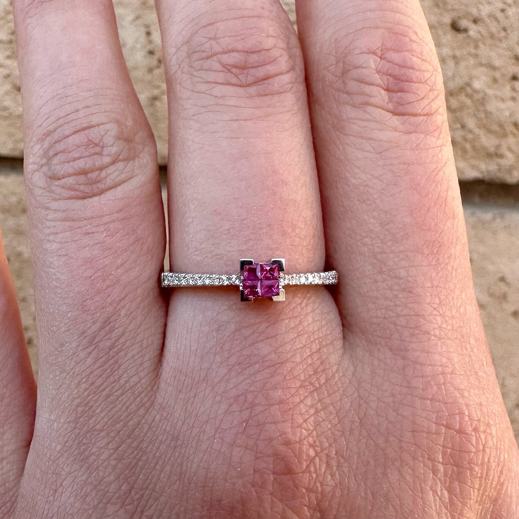 14K Solid White Gold Genuine Ruby Square Ring