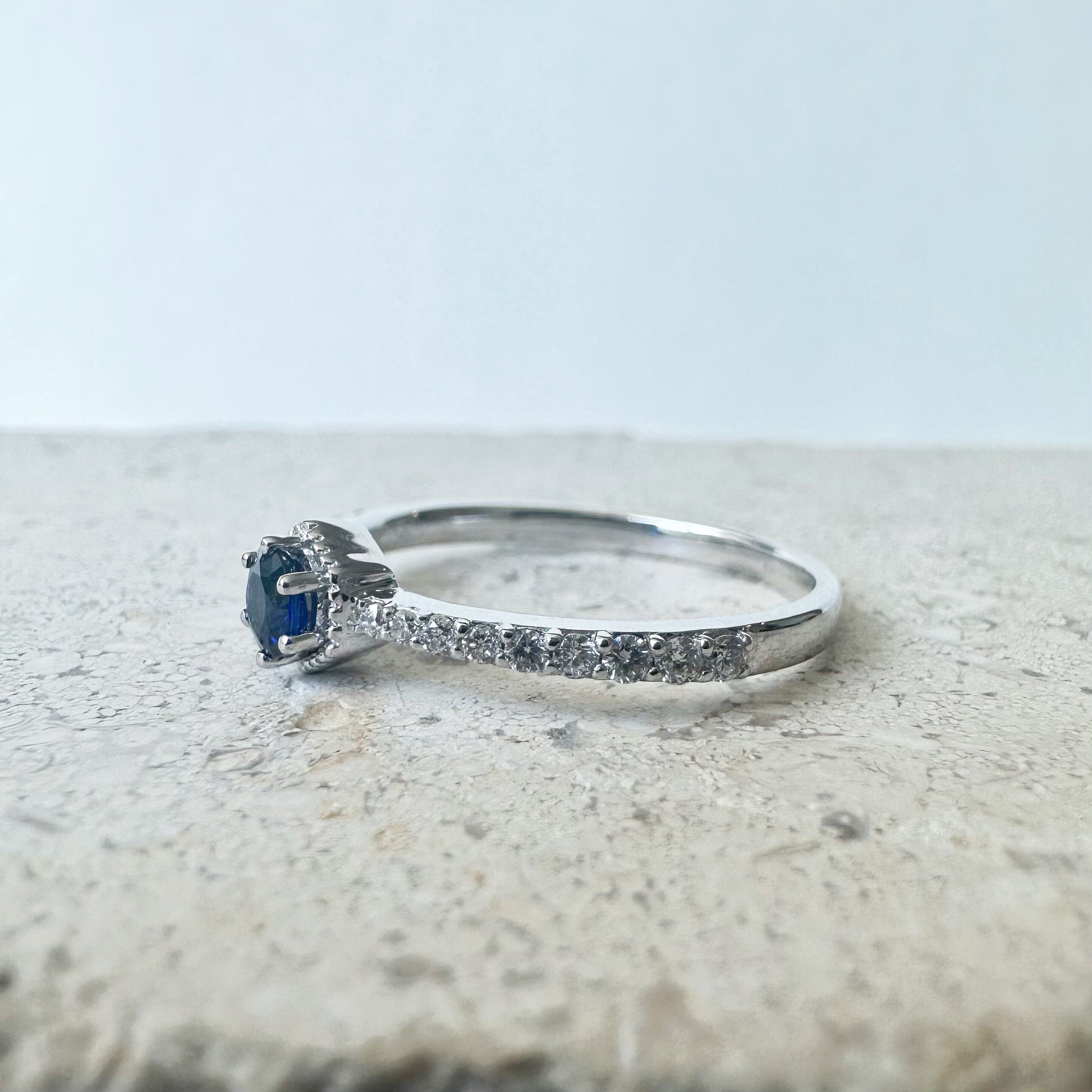 14K Solid White Gold Genuine Sapphire and Diamond Ring