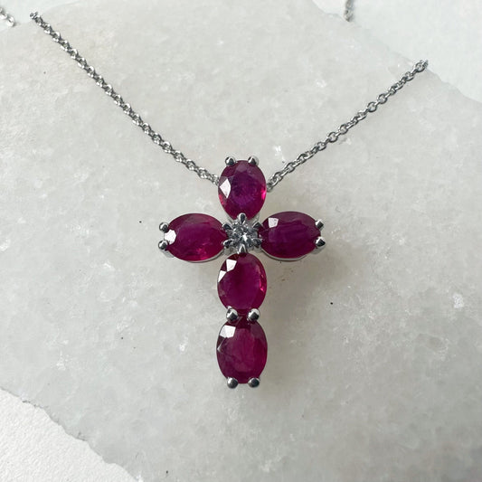 14K Solid Gold Genuine Ruby and Diamond Cross Necklace