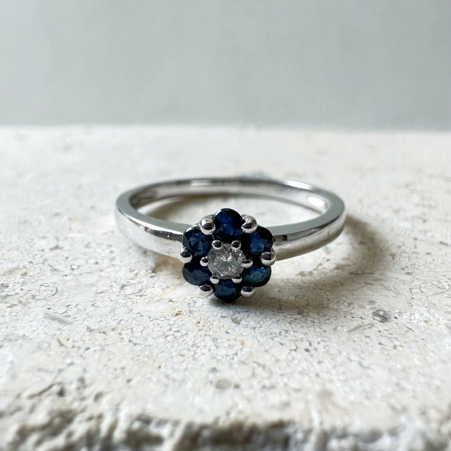 14K Solid White Gold Genuine Sapphire and Diamond Flower Ring