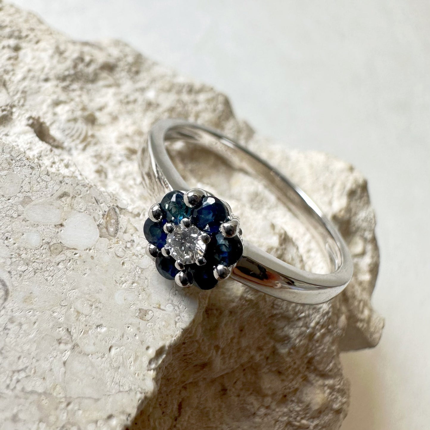 14K Solid White Gold Genuine Sapphire and Diamond Flower Ring