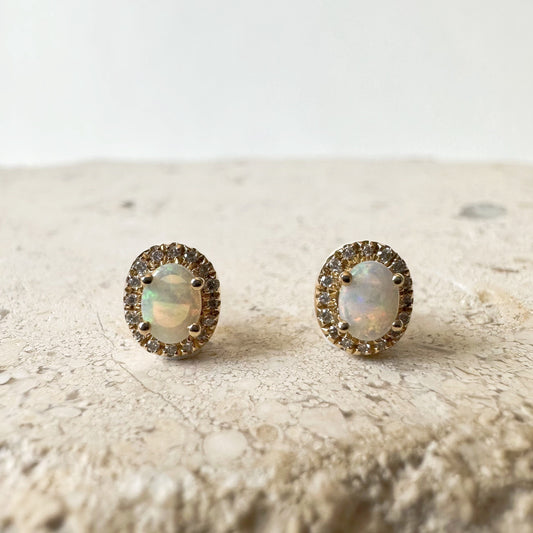 14K Solid Gold Genuine Opal and Diamond Oval Studs/Pair