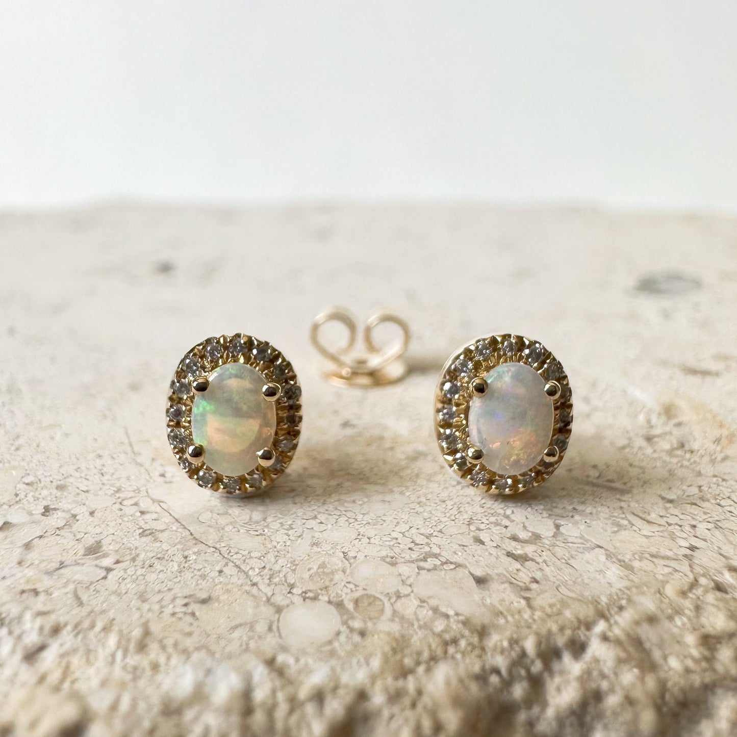 14K Solid Gold Genuine Opal and Diamond Oval Studs/Pair