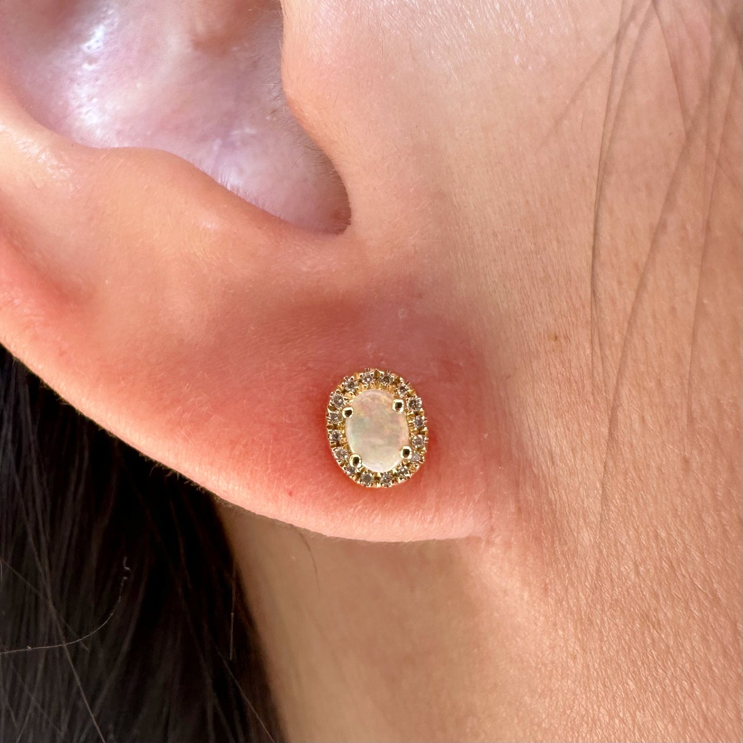 14K Solid Gold Genuine Opal and Diamond Oval Studs/Pair