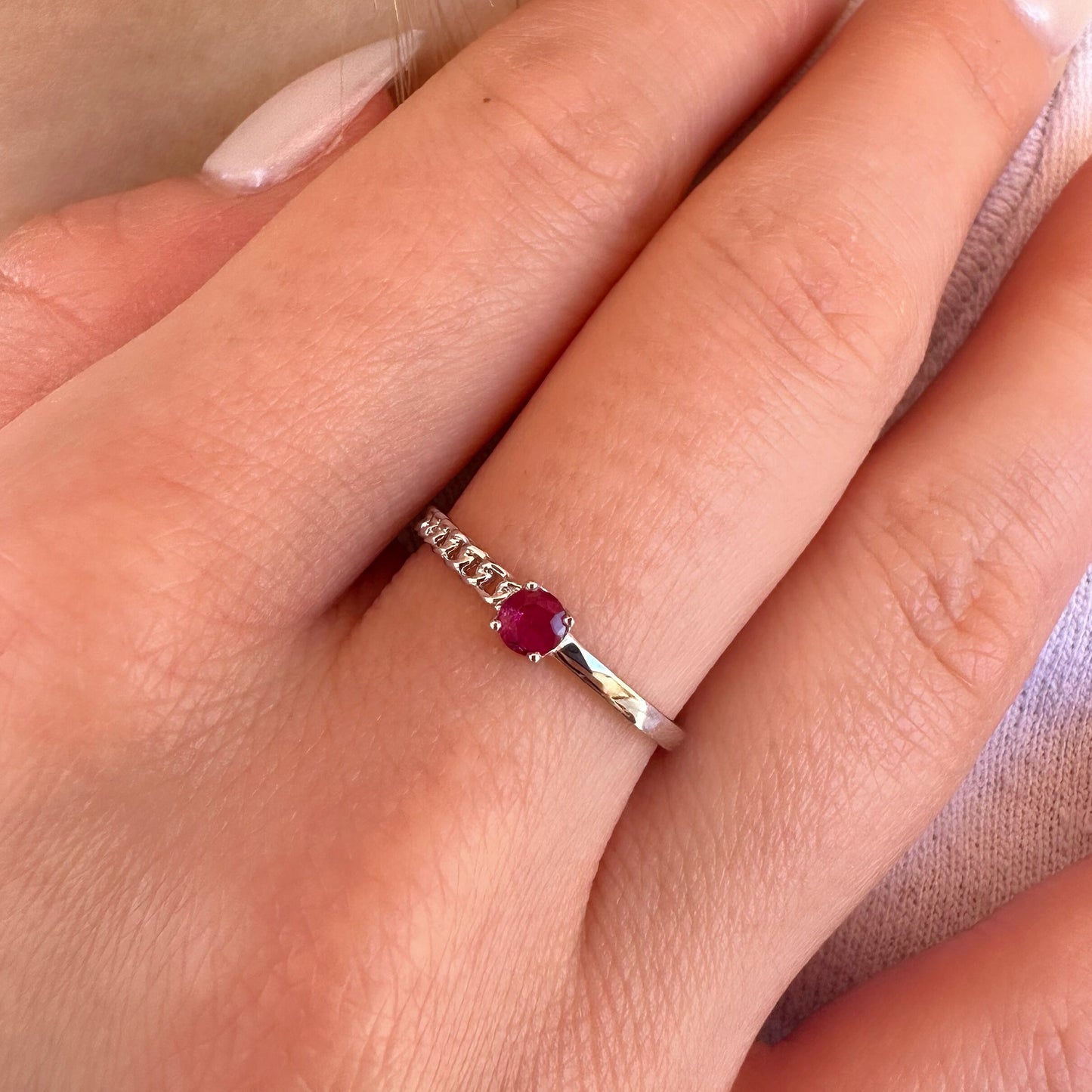 14K Solid White Gold Genuine Ruby Chain Ring