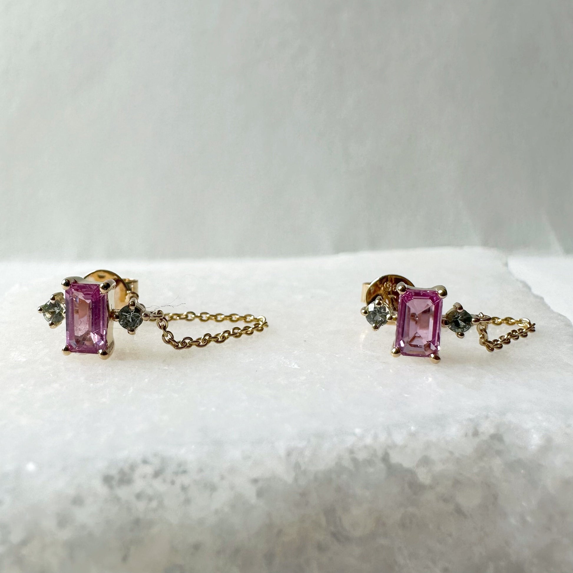 14K Solid Gold Genuine Pink Sapphire and Green Sapphire Chain Earrings
