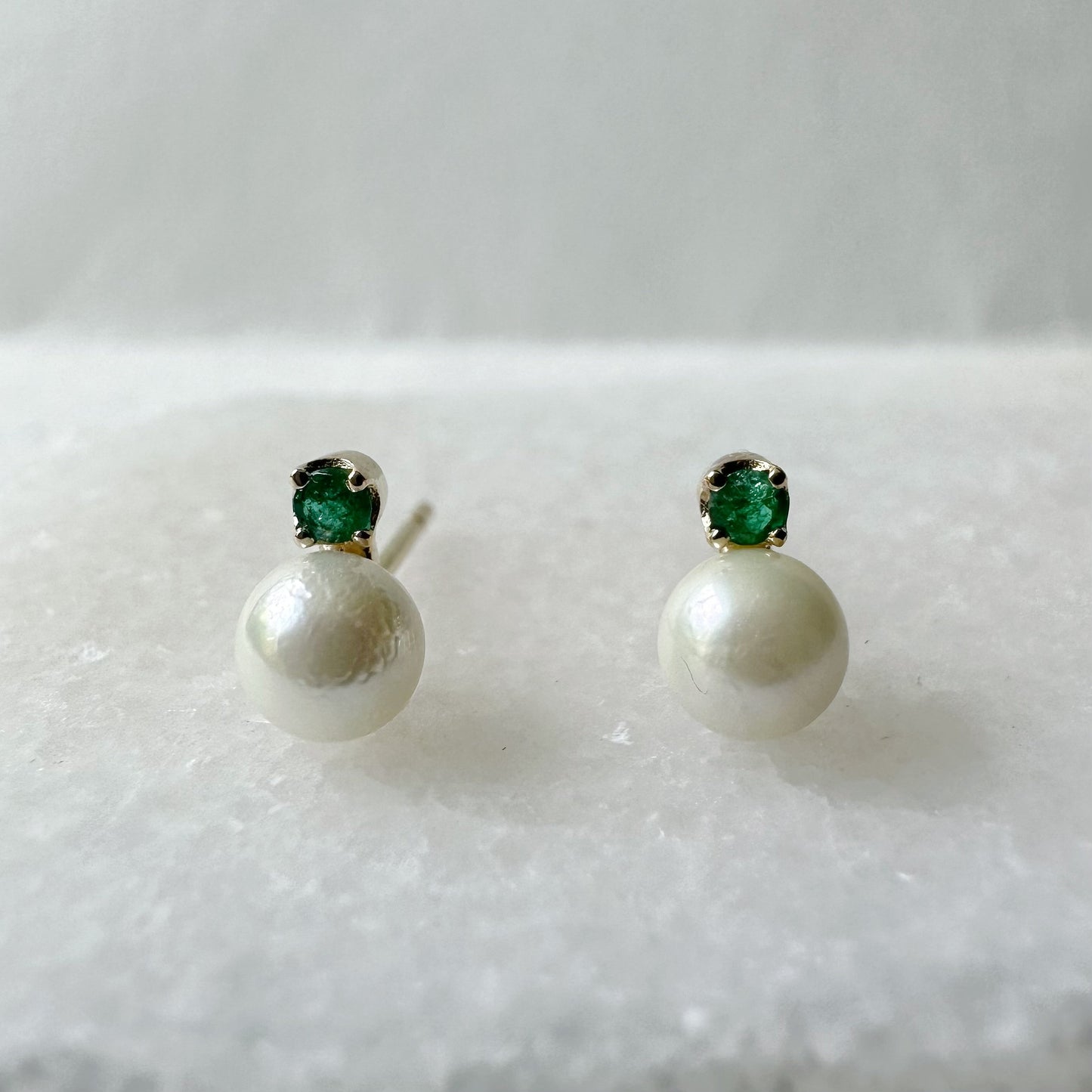 14K Solid Gold Genuine Akoya Pearl and Emerald Studs/Pair
