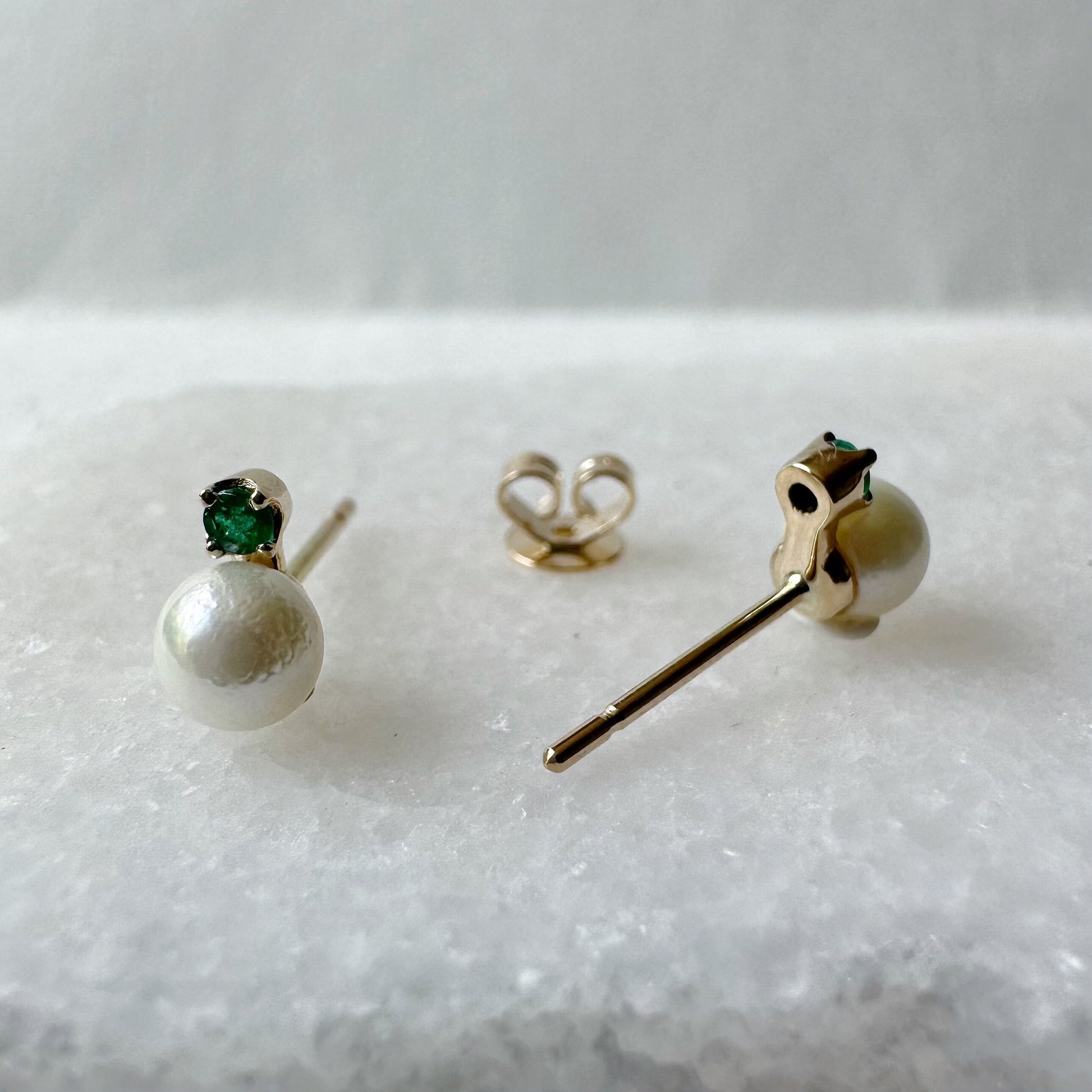 14K Solid Gold Genuine Akoya Pearl and Emerald Studs/Pair