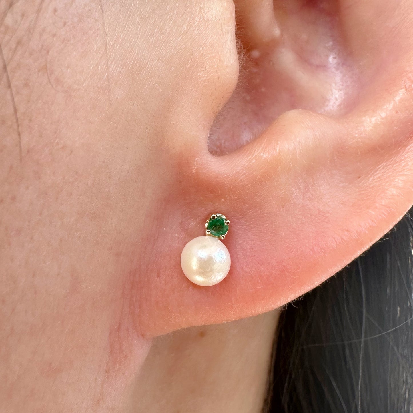 14K Solid Gold Genuine Akoya Pearl and Emerald Studs/Pair