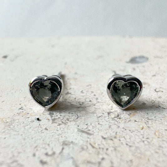 14K Solid Gold Genuine Green Sapphire Heart Studs/Pair