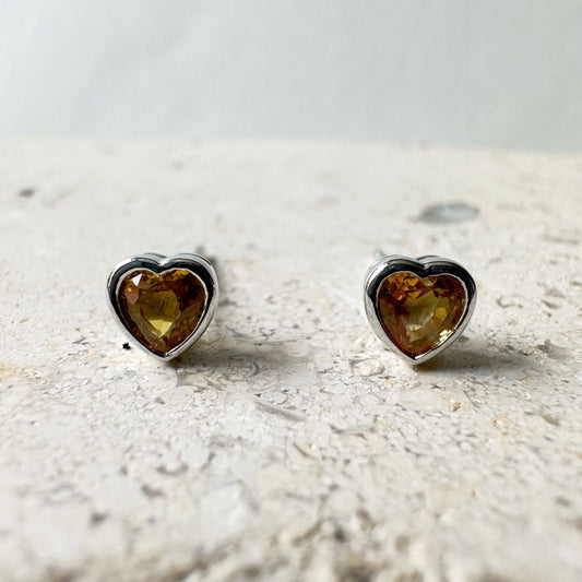 14K Solid White Gold Genuine Yellow Sapphire Bezel Heart Studs/Pair