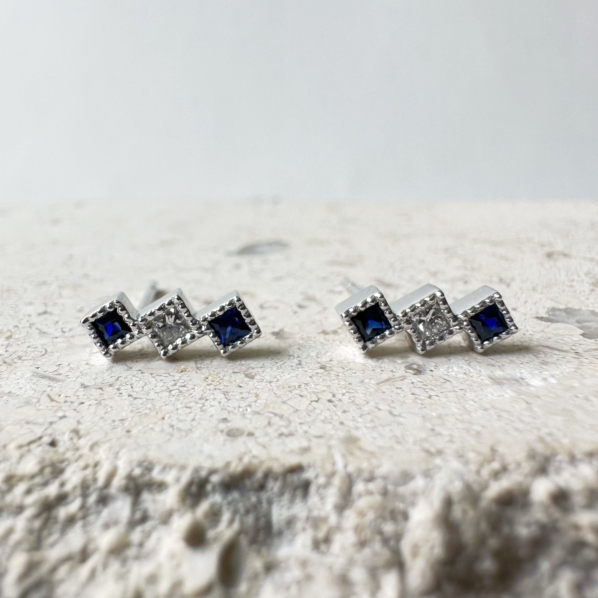 14K Solid Gold Genuine Sapphire and Diamond Trio Bar Studs/Pair