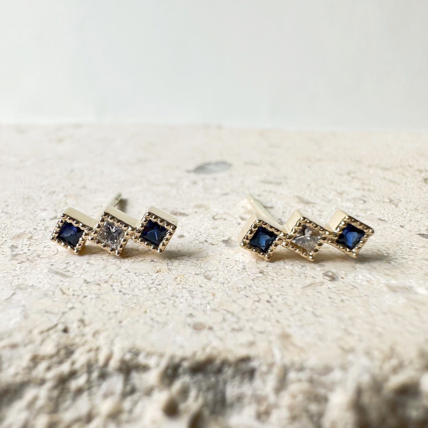 14K Solid Gold Genuine Sapphire and Diamond Trio Bar Studs/Pair