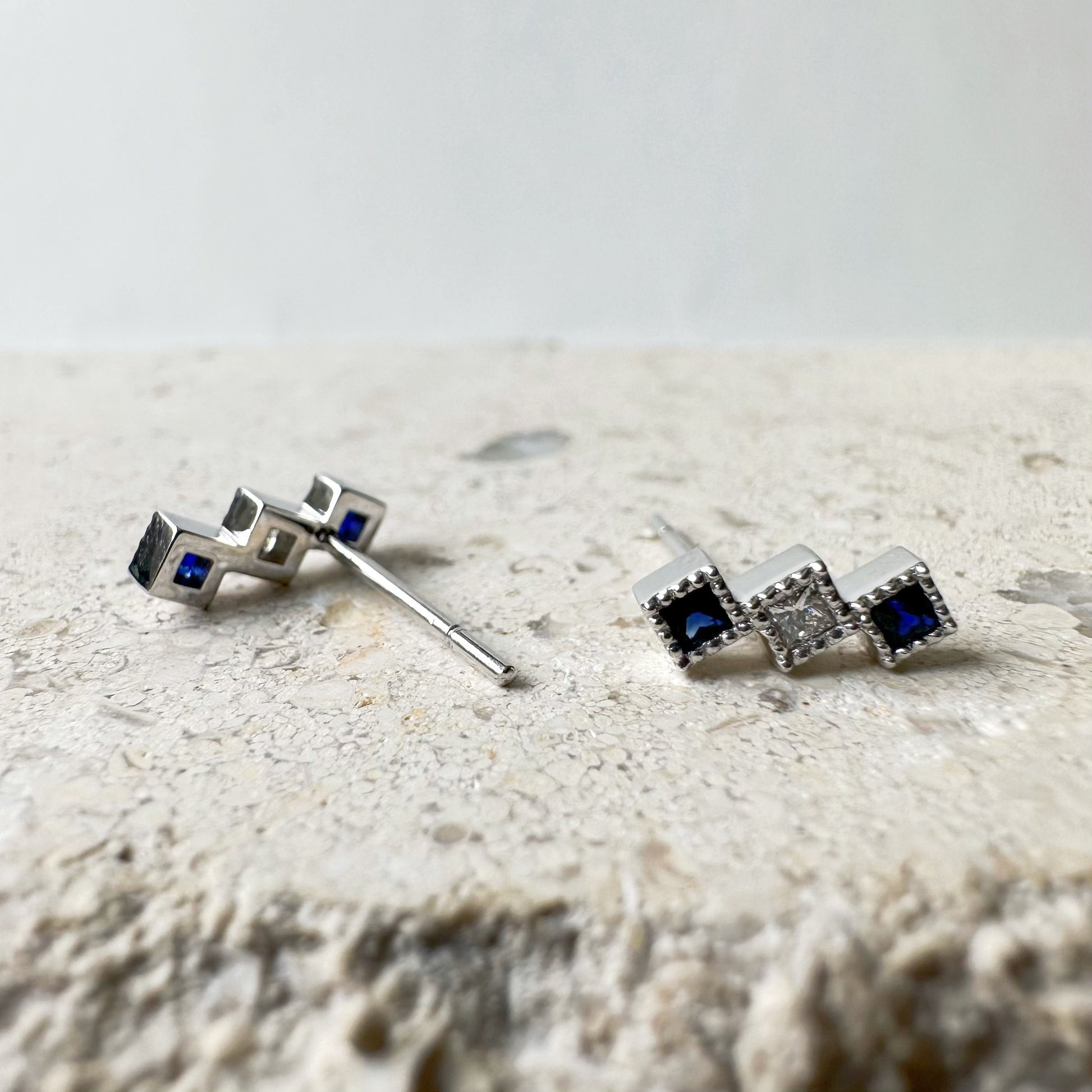 14K Solid Gold Genuine Sapphire and Diamond Trio Bar Studs/Pair